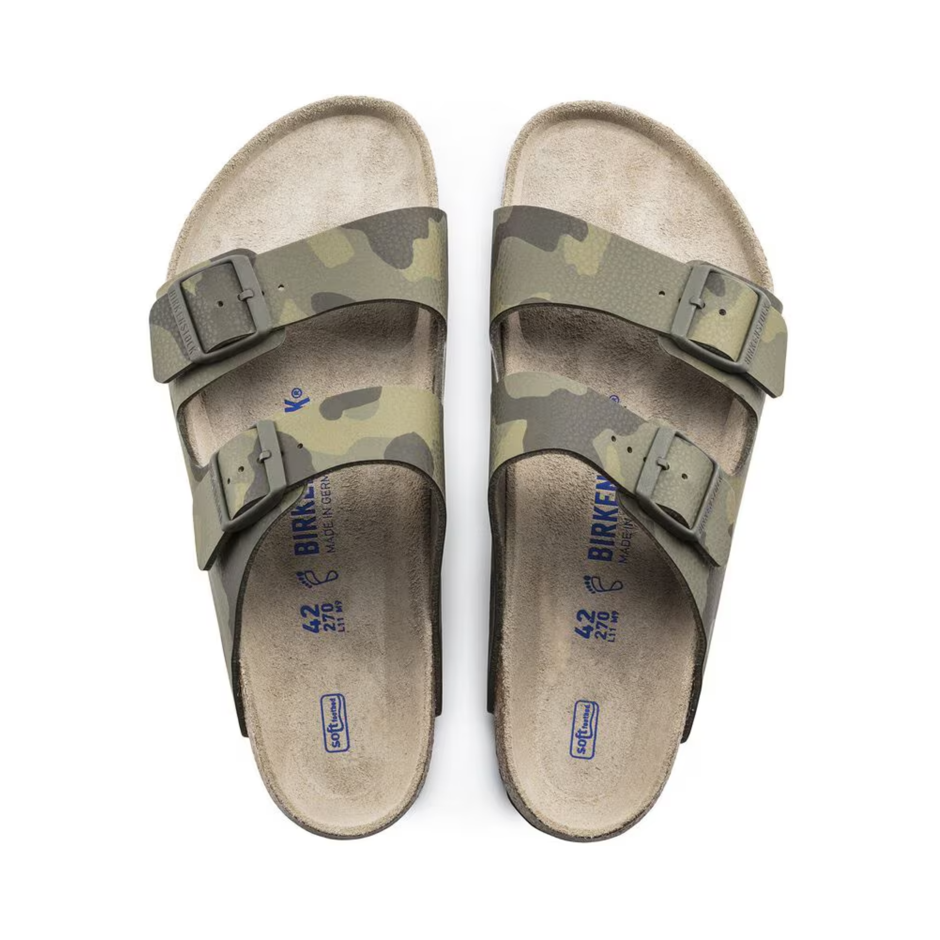 Top View of Women’s Birkenstock Arizona SFB Birko-Flor sandal in Desert Soil Camo Green – featuring a cork footbed, adjustable 2-strap design, and soft footbed for added comfort.