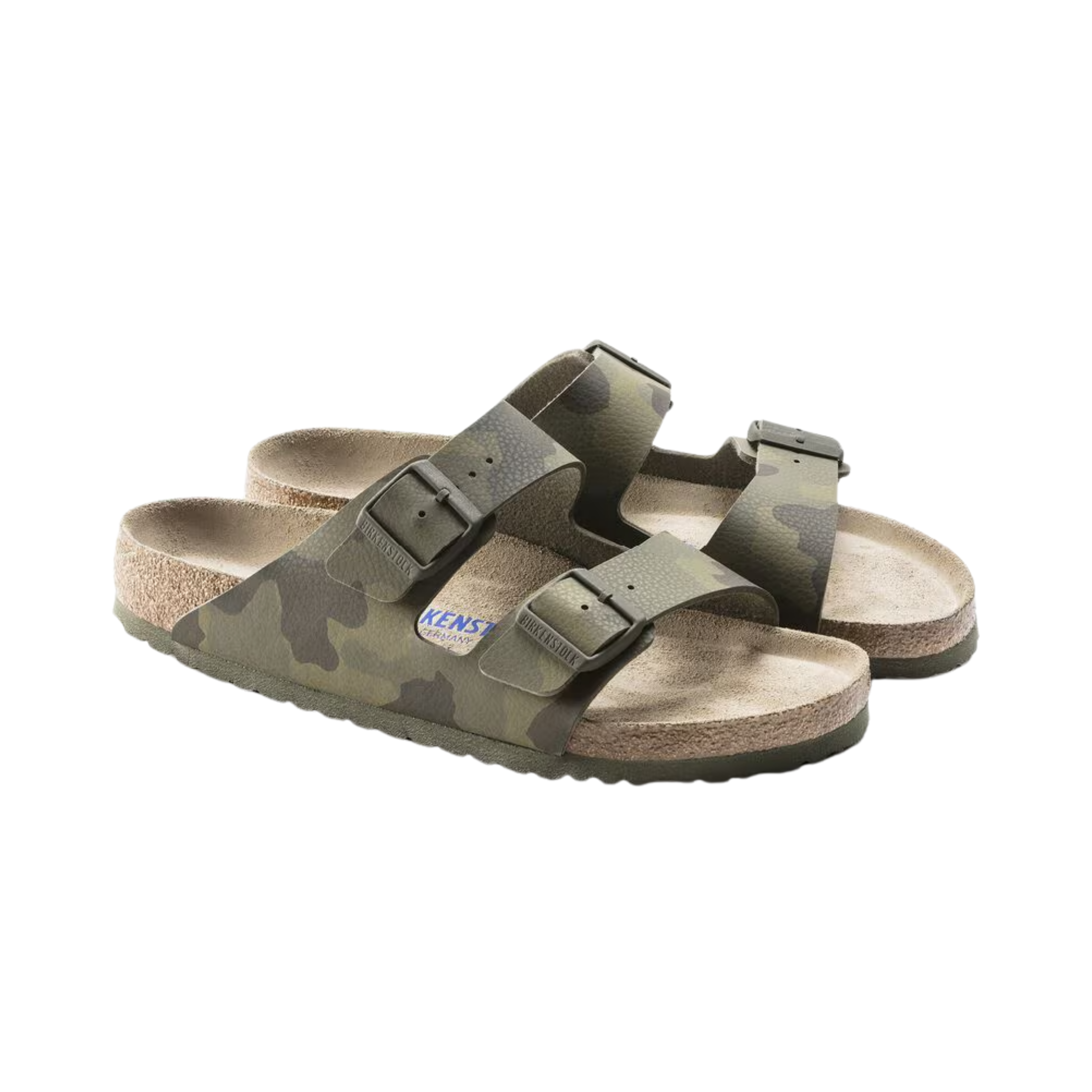 Side View of Women’s Birkenstock Arizona SFB Birko-Flor sandal in Desert Soil Camo Green – featuring a two-strap design with adjustable buckles, cork footbed, and durable Birko-Flor upper for a secure fit.