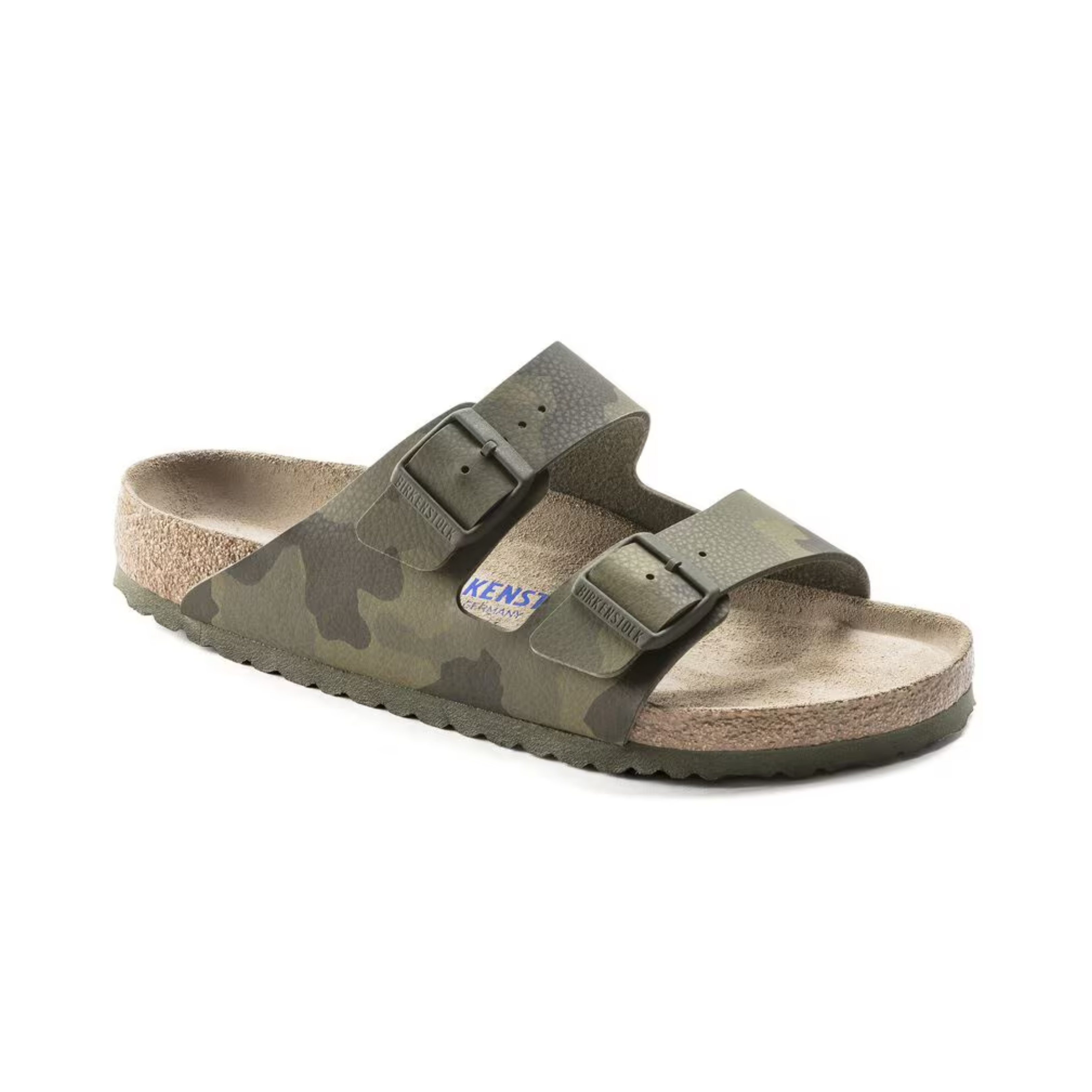 Side View of Women’s Birkenstock Arizona SFB Birko-Flor sandal in Desert Soil Camo Green – featuring a two-strap design with adjustable buckles, cork footbed, and durable Birko-Flor upper for a secure fit.