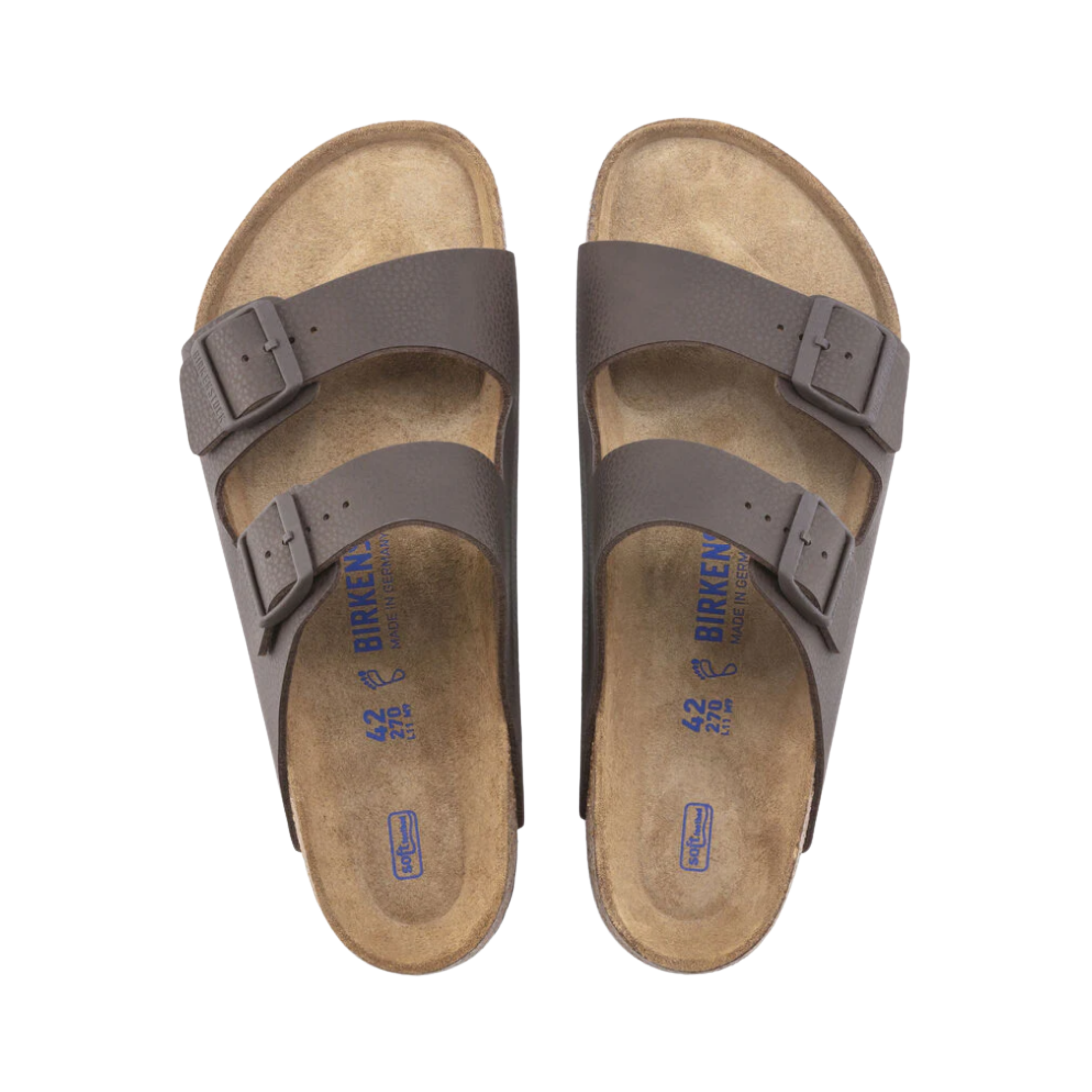 Top view of Men’s Birkenstock Arizona SFB Birko-Flor sandal in Desert Soil Chocolate – featuring a two-strap design with adjustable buckles for a secure fit and a soft footbed for added comfort.