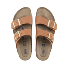 Top view of women’s Birkenstock Arizona Soft Footbed Nubuck Leather sandal in Pecan – featuring soft nubuck leather straps, a contoured cork-latex footbed for comfort, and adjustable buckles for a custom fit.