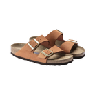 Side view of women’s Birkenstock Arizona Soft Footbed Nubuck Leather sandal in Pecan – showcasing soft nubuck leather straps, a cushioned soft footbed, and an anatomical arch support designed for long-lasting comfort.