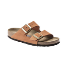 Side view of women’s Birkenstock Arizona Soft Footbed Nubuck Leather sandal in Pecan – showcasing soft nubuck leather straps, a cushioned soft footbed, and an anatomical arch support designed for long-lasting comfort.