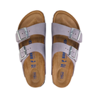 Top view of women’s Birkenstock Arizona Soft Footbed Nubuck Leather sandal in Purple Fog – featuring soft nubuck leather straps, a contoured cork-latex footbed for comfort, and adjustable buckles for a custom fit.