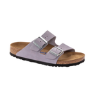 Side view of women’s Birkenstock Arizona Soft Footbed Nubuck Leather sandal in Purple Fog – showcasing soft nubuck leather straps, a cushioned soft footbed, and an anatomical arch support designed for long-lasting comfort.
