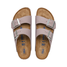 Top view of women’s Birkenstock Arizona Soft Footbed Nubuck Leather sandal in Yomo Lilac – featuring soft nubuck leather straps, a contoured cork-latex footbed for comfort, and adjustable buckles for a secure fit.
