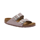 Side view of women’s Birkenstock Arizona Soft Footbed Nubuck Leather sandal in Yomo Lilac – showcasing soft nubuck leather straps, a cushioned soft footbed, and an anatomical arch support designed for long-lasting comfort.