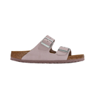 Side view of women’s Birkenstock Arizona Soft Footbed Nubuck Leather sandal in Yomo Lilac – showcasing soft nubuck leather straps, a cushioned soft footbed, and an anatomical arch support designed for long-lasting comfort.