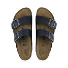 Top View of Women’s Birkenstock Arizona Soft Footbed Oiled Leather sandal in Blue – featuring a soft footbed for ultimate comfort, classic two-strap design for an adjustable fit, and durable oiled leather straps for a sleek look.