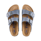 Top View of Unisex Birkenstock Arizona Soft Footbed Oiled Leather sandal in Dusty Blue – featuring a soft footbed for added comfort, durable oiled leather straps, and a classic two-strap design for a secure fit.