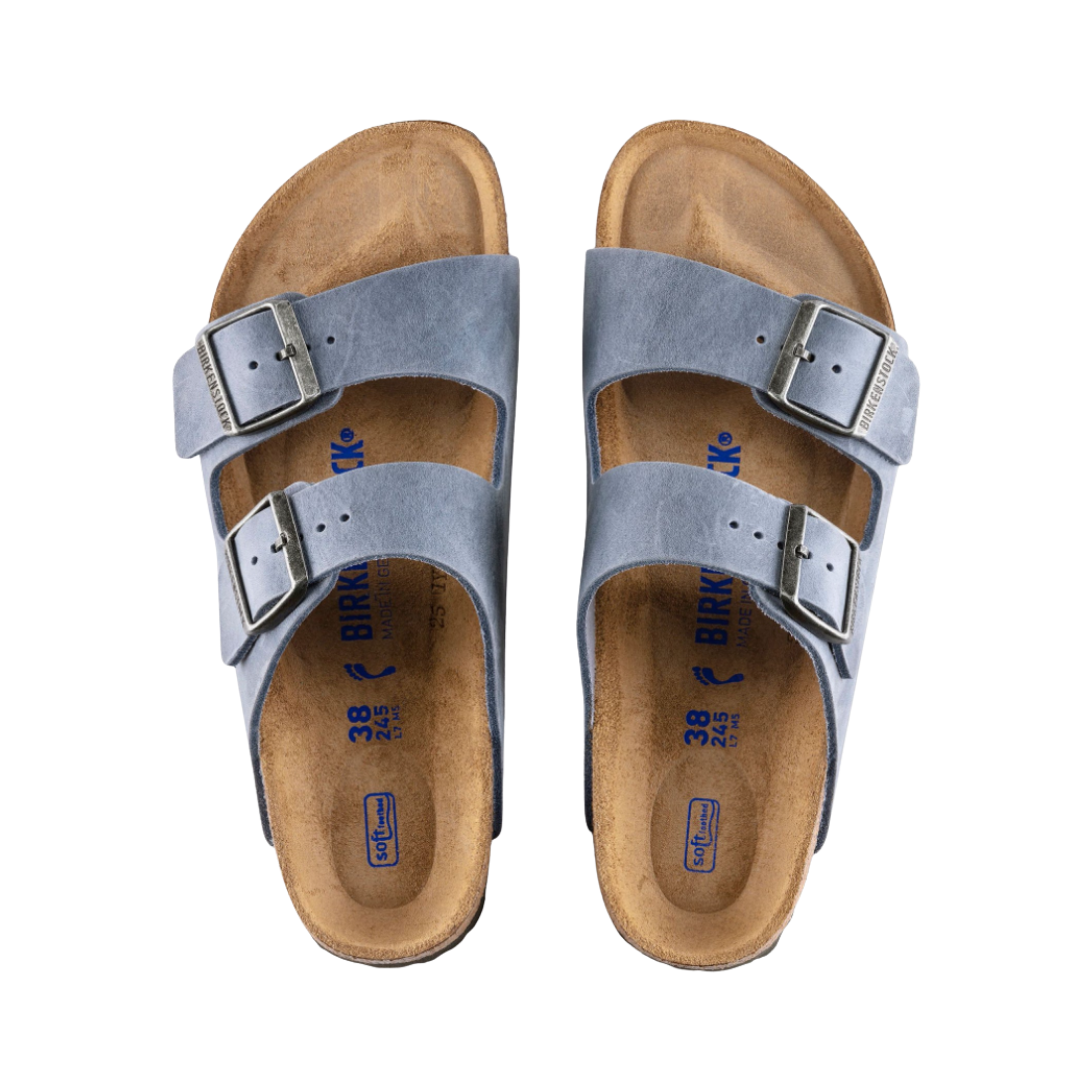 Top View of Unisex Birkenstock Arizona Soft Footbed Oiled Leather sandal in Dusty Blue – featuring a soft footbed for added comfort, durable oiled leather straps, and a classic two-strap design for a secure fit.