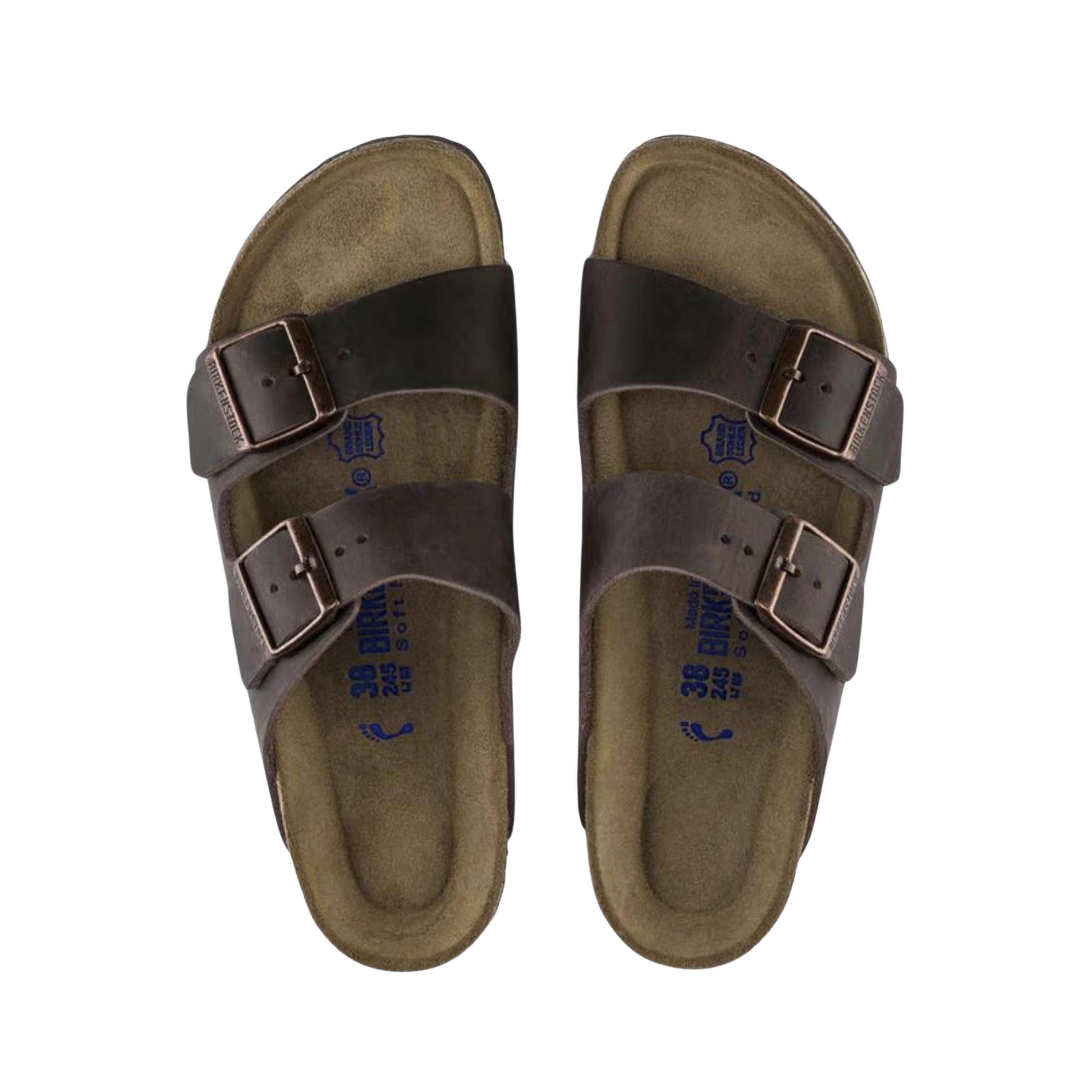 Top View of Men’s Birkenstock Arizona Soft Footbed Oiled Leather sandal in Habana – featuring a soft footbed for all-day comfort, classic two-strap design for a secure fit, and durable oiled leather straps.