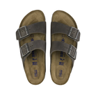 Top View of Men’s Birkenstock Arizona Soft Footbed Oiled Leather sandal in Iron – featuring a soft footbed for enhanced comfort, durable oiled leather straps, and a classic two-strap design for a secure and adjustable fit.