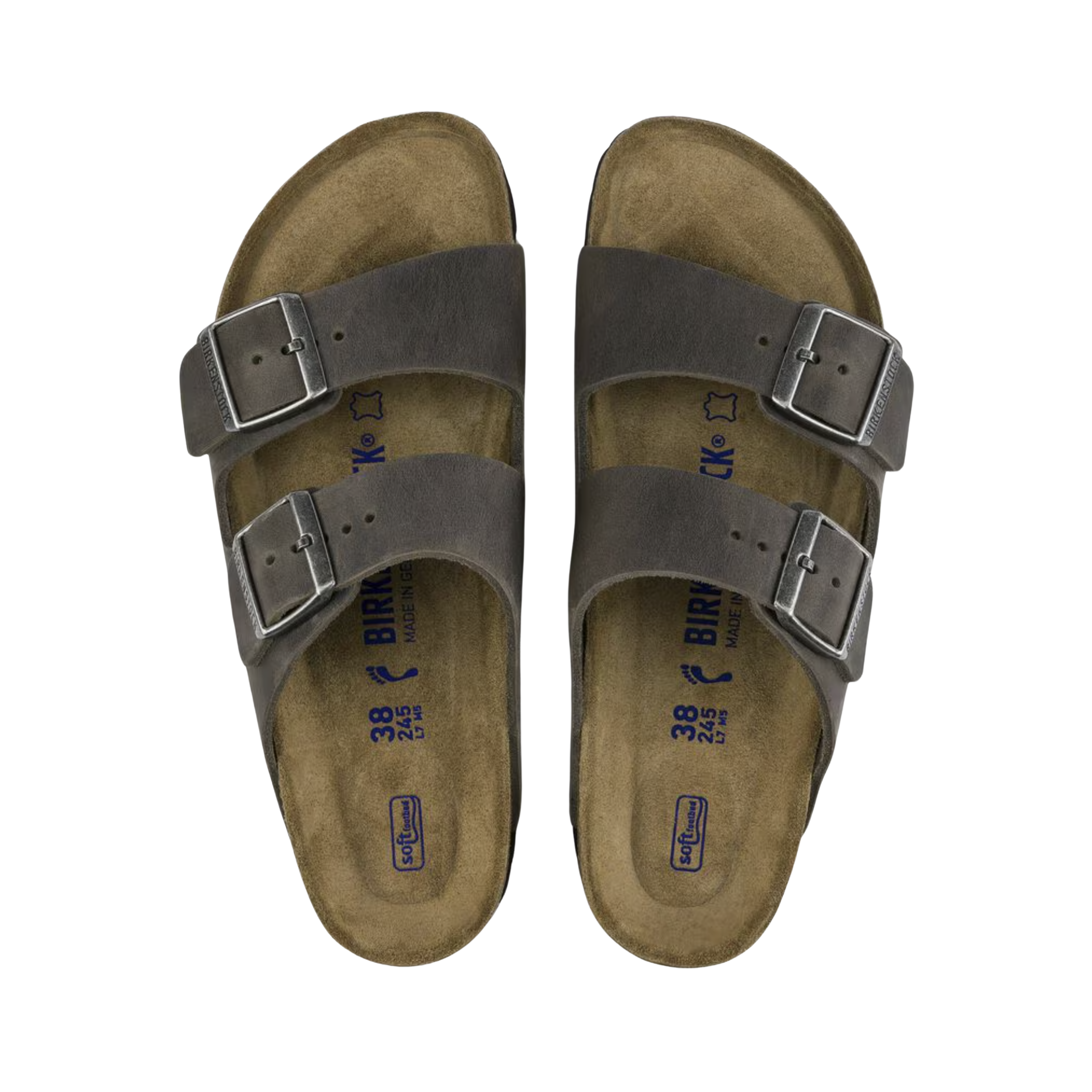 Top View of Men’s Birkenstock Arizona Soft Footbed Oiled Leather sandal in Iron – featuring a soft footbed for enhanced comfort, durable oiled leather straps, and a classic two-strap design for a secure and adjustable fit.