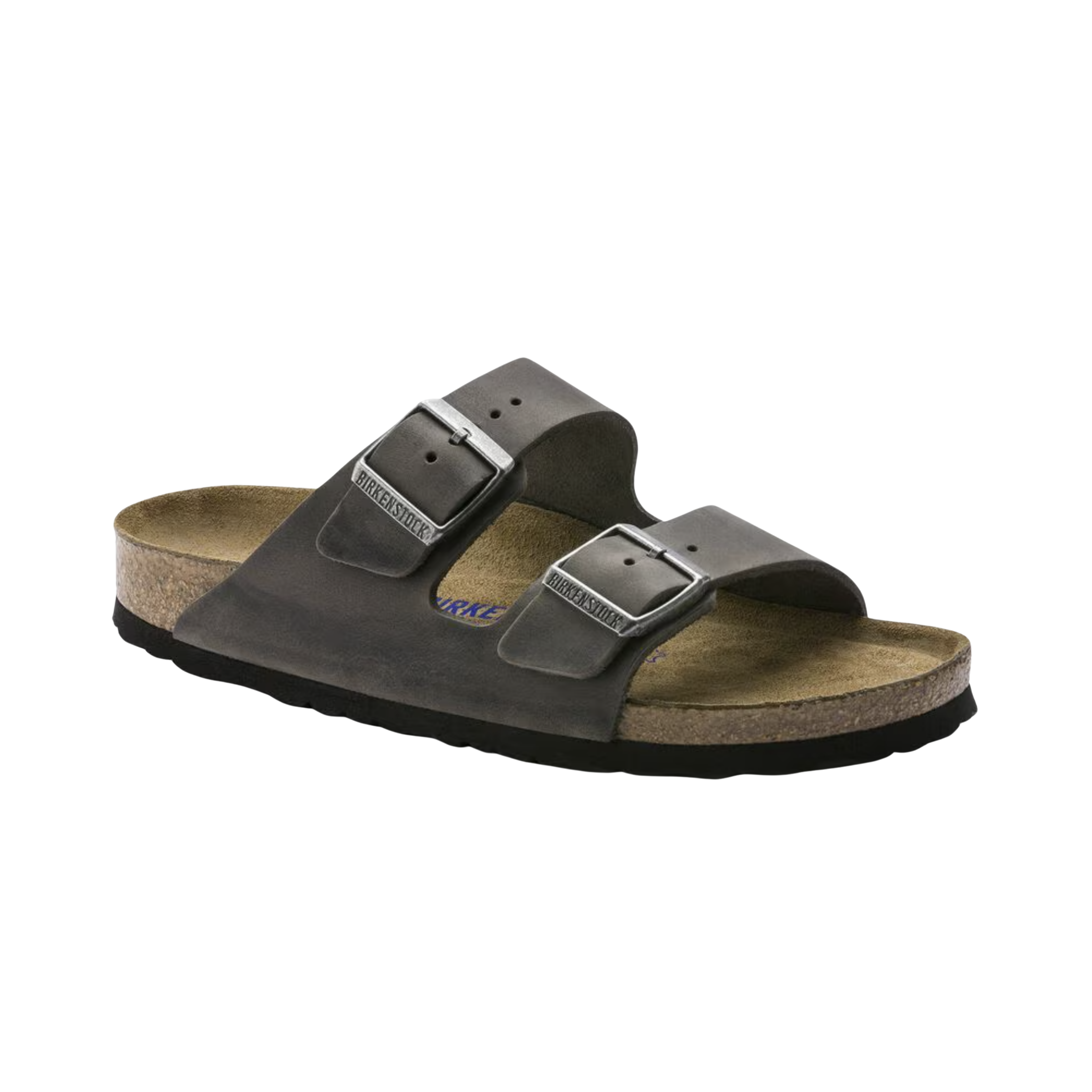 Side View of Men’s Birkenstock Arizona Soft Footbed Oiled Leather sandal in Iron – showcasing the rich, muted iron color, cushioned footbed for superior comfort, and adjustable straps for a customized fit.
