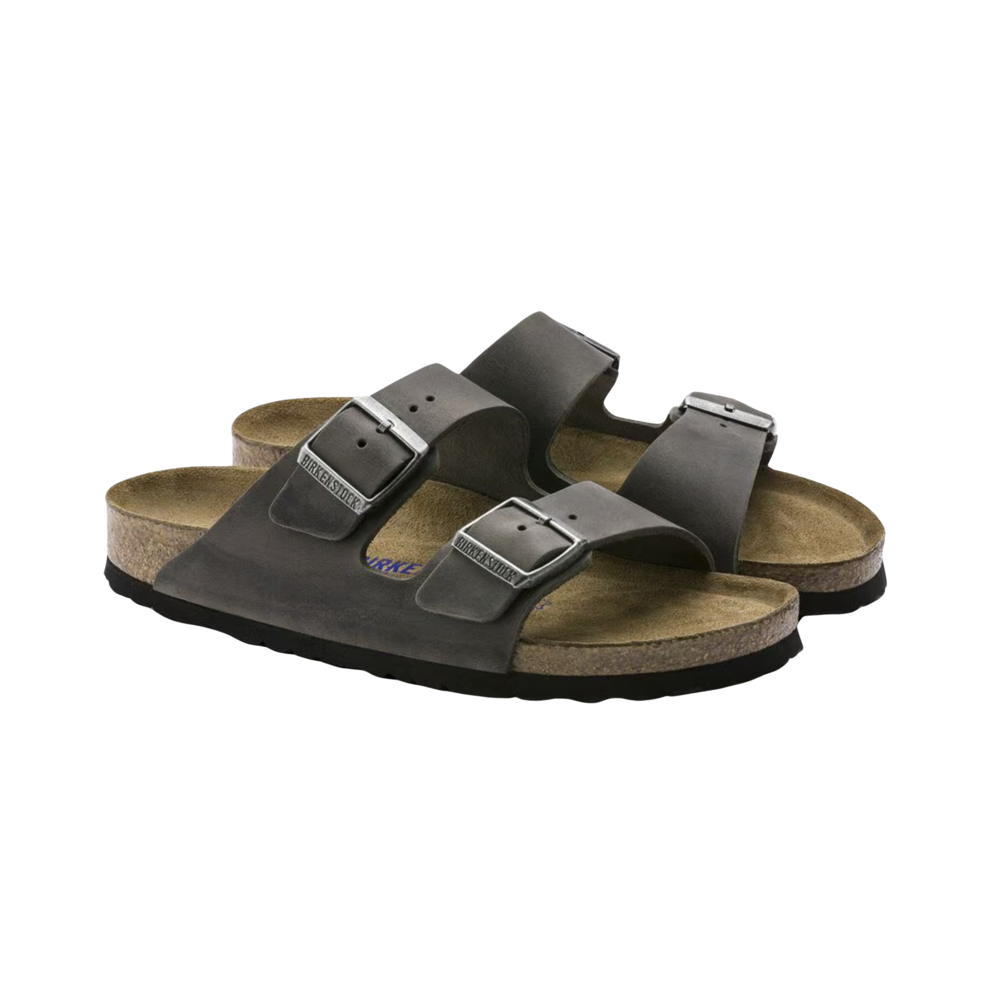 Side View of Men’s Birkenstock Arizona Soft Footbed Oiled Leather sandal in Iron – showcasing the rich, muted iron color, cushioned footbed for superior comfort, and adjustable straps for a customized fit.