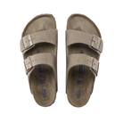 Top View of Women’s Birkenstock Arizona Soft Footbed Oiled Leather sandal in Tobacco Brown – featuring a sleek, smooth leather design with two adjustable straps and a cushioned footbed for superior comfort and support.