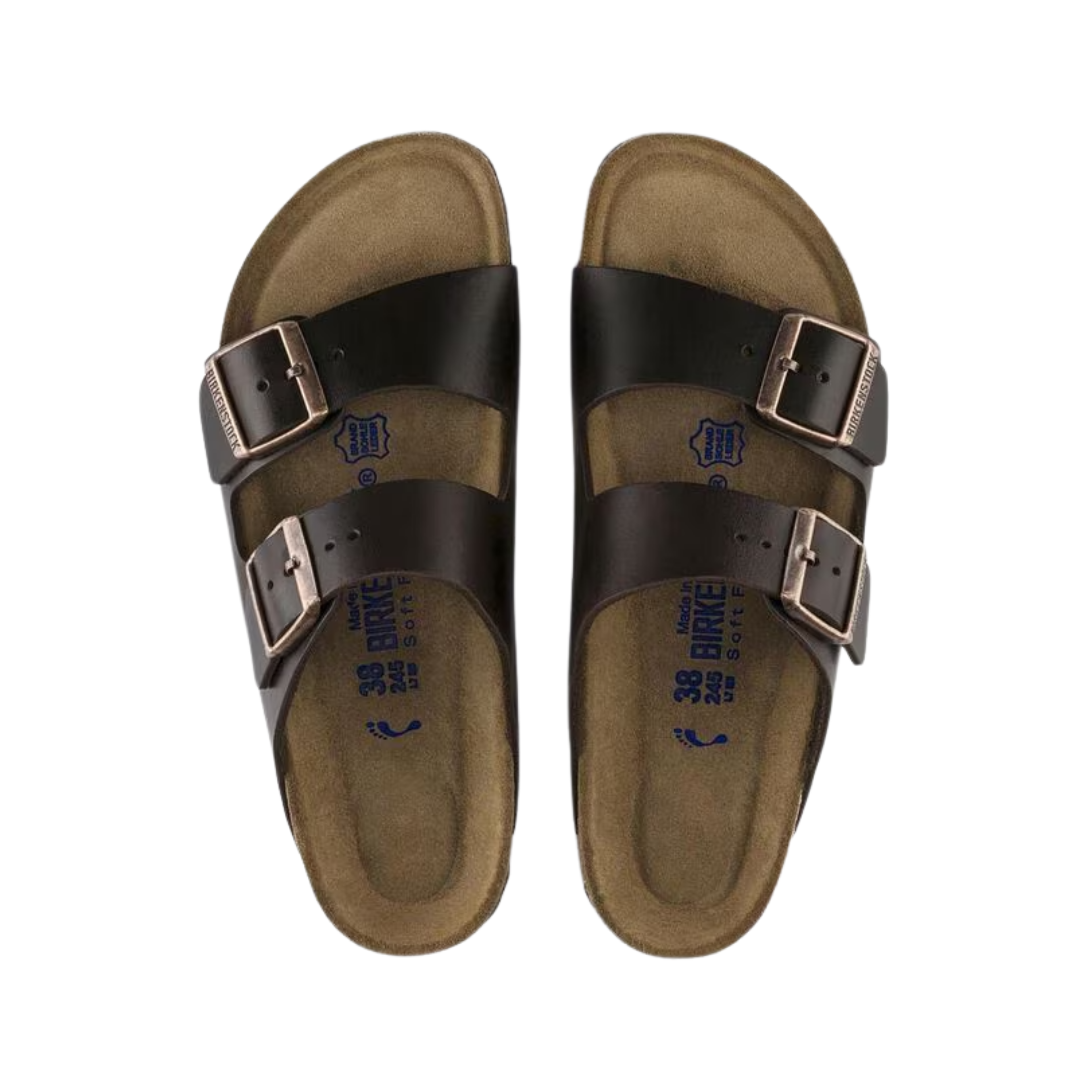 Top view of unisex Birkenstock Arizona Soft Footbed Smooth Leather sandal in Amalfi Testa di Moro – featuring smooth leather straps, a soft contoured cork-latex footbed, and adjustable buckles for a customized fit.