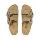 Top view of women’s Birkenstock Arizona Suede Leather sandal in taupe – featuring soft suede straps, a contoured cork-latex footbed, and dual adjustable buckles for a personalized fit