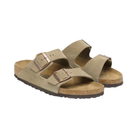 Side view of women’s Birkenstock Arizona Suede Leather sandal in taupe – featuring a neutral taupe tone, raised toe bar for natural grip, and deep heel cup for enhanced stability.