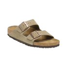 Side view of women’s Birkenstock Arizona Suede Leather sandal in taupe – featuring a neutral taupe tone, raised toe bar for natural grip, and deep heel cup for enhanced stability.