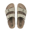 Top view of women’s Birkenstock Arizona Vegan Birkibuc sandal in khaki – featuring a soft microfiber footbed lining, dual adjustable buckle straps, and contoured cork-latex footbed for all-day support.