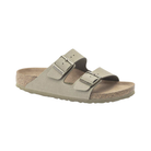 Side view of women’s Birkenstock Arizona Vegan Birkibuc sandal in khaki – featuring a durable Birkibuc upper, sleek profile, and signature footbed for natural alignment.