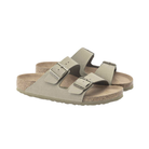 Side view of women’s Birkenstock Arizona Vegan Birkibuc sandal in khaki – featuring a durable Birkibuc upper, sleek profile, and signature footbed for natural alignment.
