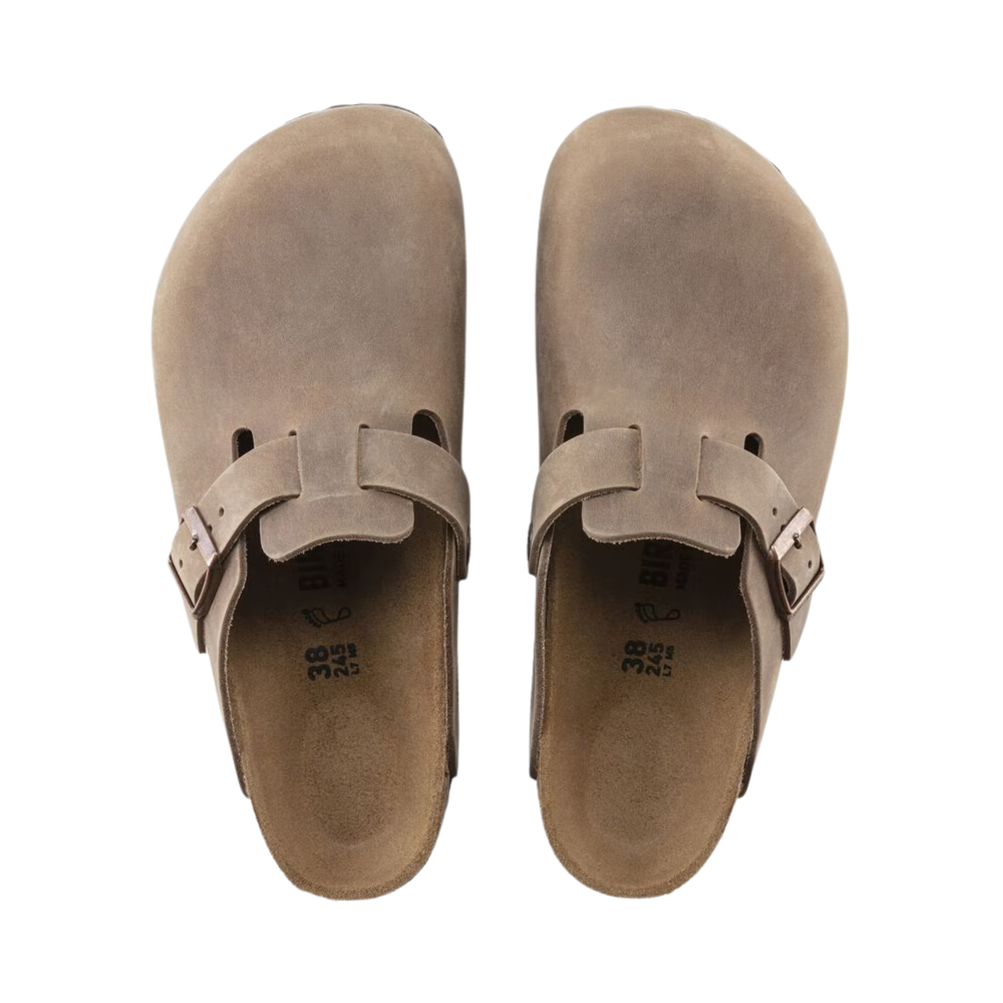 Top view of women’s Birkenstock Boston Oiled Leather clog in tobacco brown – featuring a single adjustable buckle strap, contoured cork-latex footbed, and roomy closed-toe design for added coverage.