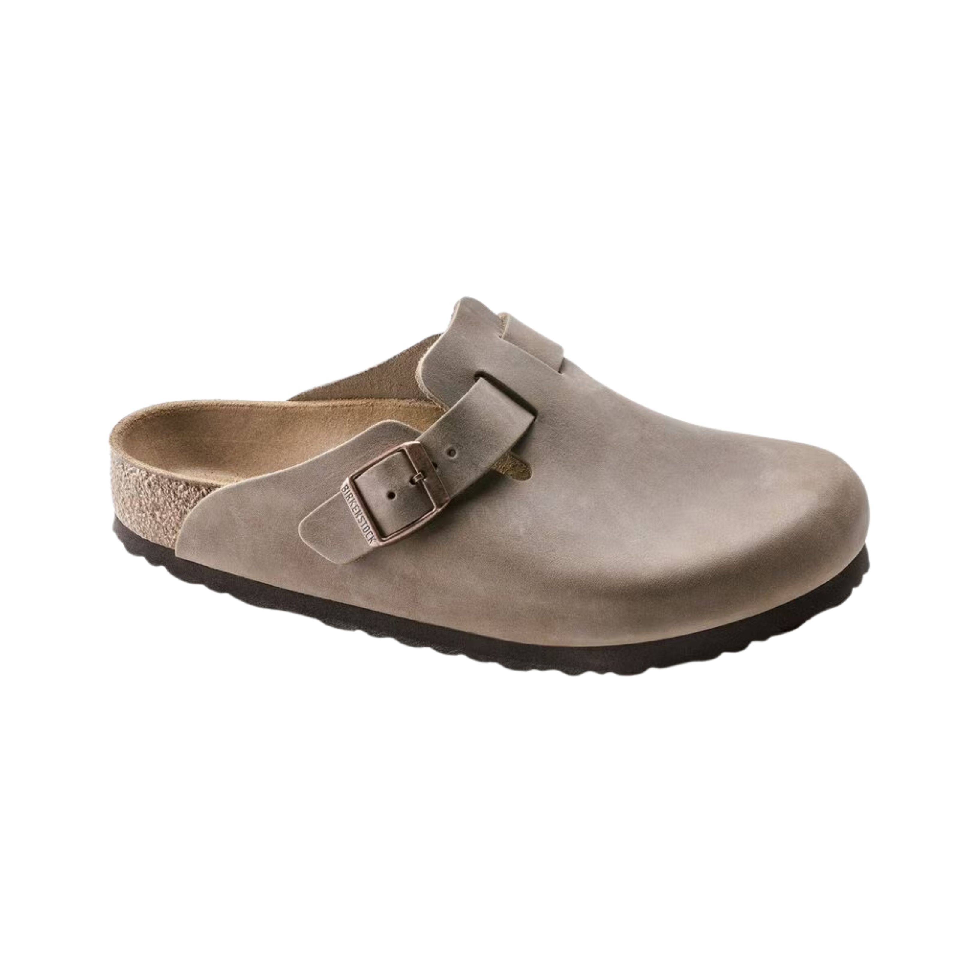 Side view of women’s Birkenstock Boston Oiled Leather clog in tobacco brown – featuring a sleek oiled leather upper, supportive arch construction, and durable EVA sole for long-lasting wear.