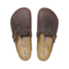 Top view of men’s Birkenstock Boston Soft Footbed Oiled Leather clog in habana – featuring a single adjustable strap, roomy closed-toe design, and soft contoured footbed for added cushioning.