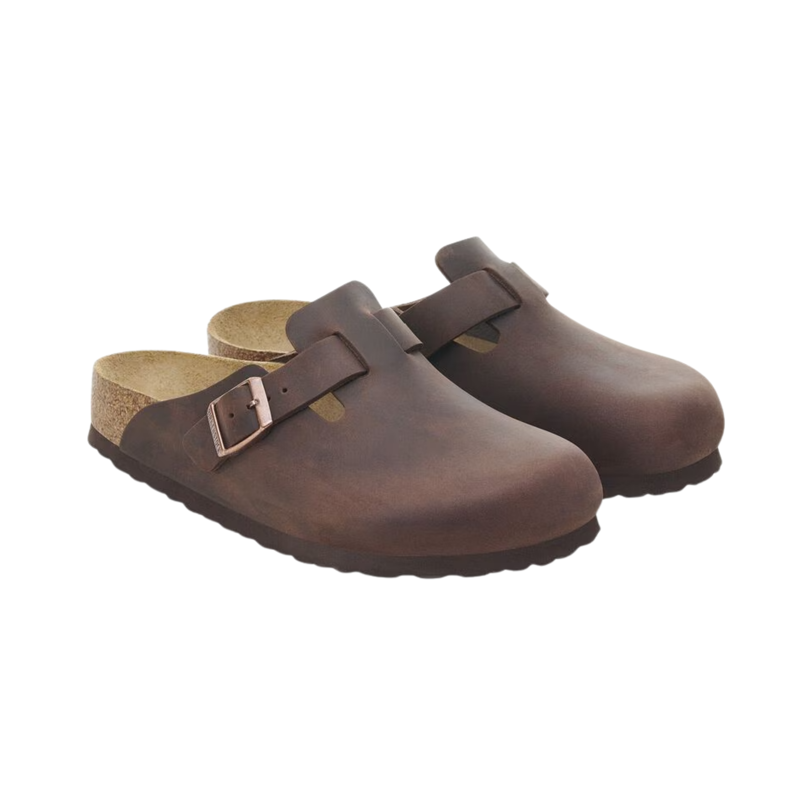 Side view of men’s Birkenstock Boston Soft Footbed Oiled Leather clog in habana – featuring a premium oiled leather upper, anatomically shaped cork-latex footbed, and supportive arch for all-day comfort.
