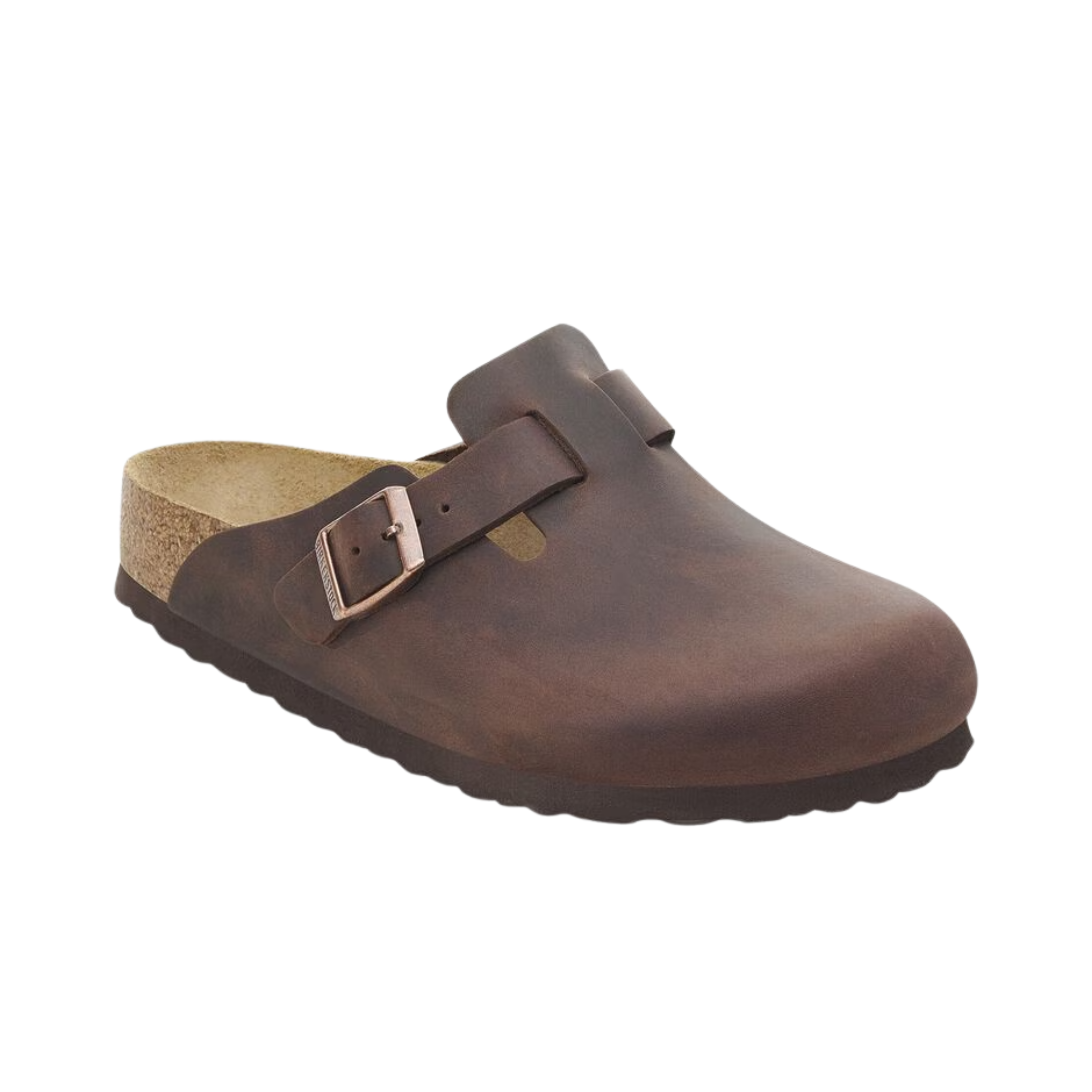 Side view of men’s Birkenstock Boston Soft Footbed Oiled Leather clog in habana – featuring a premium oiled leather upper, anatomically shaped cork-latex footbed, and supportive arch for all-day comfort.