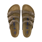 Top View of Women’s Birkenstock Florida Soft Footbed Birkibuc sandal in mocha – featuring three slim Birkibuc synthetic straps with adjustable metal buckles for a secure, customizable fit, anatomically shaped cork-latex soft footbed with added foam layer for superior cushioning, and suede lining for breathable, all-day comfort.