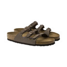 Side View of Women’s Birkenstock Florida Soft Footbed Birkibuc sandal in mocha – featuring soft Birkibuc synthetic upper with three slim, adjustable buckle straps for a secure and customized fit, contoured cork-latex soft footbed with an integrated foam layer for enhanced cushioning, deep heel cup and raised toe bar to support natural foot movement, and lightweight EVA outsole for durable, shock-absorbing flexibility.
