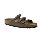 Side View of Women’s Birkenstock Florida Soft Footbed Birkibuc sandal in mocha – featuring three slim Birkibuc synthetic straps with adjustable metal buckles for a personalized fit, anatomically shaped cork-latex soft footbed with a foam layer for added cushioning, deep heel cup and contoured arch support for natural alignment, and lightweight EVA outsole for flexible, shock-absorbing comfort.