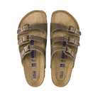 Top view of women’s Birkenstock Florida Soft Footbed Oiled Leather sandal in tobacco brown – featuring a three-strap adjustable design, contoured cork-latex footbed, and soft footbed layer for enhanced cushioning.