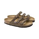 Side view of women’s Birkenstock Florida Soft Footbed Oiled Leather sandal in tobacco brown – featuring a supportive cork midsole, soft suede lining, and flexible EVA outsole for all-day comfort.