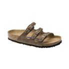Side view of women’s Birkenstock Florida Soft Footbed Oiled Leather sandal in tobacco brown – featuring a supportive cork midsole, soft suede lining, and flexible EVA outsole for all-day comfort.