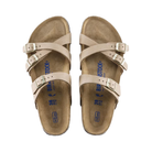 Top View of Women’s Birkenstock Franca Soft Footbed Nubuck Leather sandal in sandcastle – featuring slim crisscross nubuck leather straps with metal buckles, contoured cork-latex soft footbed for added cushioning, and wide toe box for natural alignment.