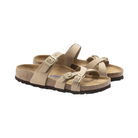 Side View of Women’s Birkenstock Franca Soft Footbed Nubuck Leather sandal in sandcastle – featuring slender nubuck leather straps with adjustable buckles, contoured cork-latex soft footbed for extra cushioning, and flexible EVA outsole for everyday wear.