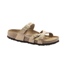 Side View of Women’s Birkenstock Franca Soft Footbed Nubuck Leather sandal in sandcastle – featuring slim crisscross nubuck leather straps with adjustable metal buckles for a custom fit, anatomically shaped cork-latex soft footbed with an extra foam layer for added cushioning, deep heel cup and raised toe bar for natural support, and a lightweight EVA outsole for shock absorption and flexible everyday wear.