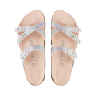 Top View of Women’s Birkenstock Franca Vegan Microfiber sandal in iridescent light rose – featuring slim crisscross microfiber straps with a subtle shimmer, adjustable metal buckles for a custom fit, and a contoured cork-latex footbed lined with soft microfiber for fully vegan comfort and support.
