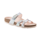 Side View of Women’s Birkenstock Franca Vegan Microfiber sandal in iridescent light rose – featuring slim crisscross microfiber straps with an iridescent finish and adjustable metal buckles, anatomically shaped cork-latex footbed lined with soft microfiber for fully vegan comfort, deep heel cup and raised toe bar for natural support, and lightweight EVA outsole for flexible, shock-absorbing traction.