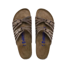 Top View of Women’s Birkenstock Granada Soft Footbed Oiled Leather sandal in tobacco brown – featuring dual oiled leather straps with elegant cutout detailing and adjustable metal buckles, anatomically shaped cork-latex soft footbed with an extra layer of foam for added cushioning, and suede lining for breathable, moisture-wicking comfort.