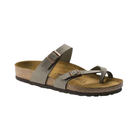 Side View of Women’s Birkenstock Mayari Birkibuc sandal in stone – featuring soft, skin-friendly Birkibuc synthetic upper with toe loop and crisscross strap design, adjustable metal buckles for a personalized fit, anatomically shaped cork-latex footbed with deep heel cup and raised toe bar for natural alignment, and a lightweight EVA outsole for flexibility and shock absorption.