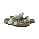 Side View of Women’s Birkenstock Mayari Birko-Flor sandal in Graceful Matcha – featuring a stylish, cross-strap design with a toe loop and adjustable straps, along with a supportive cork footbed for extra comfort.