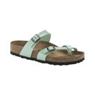 Side View of Women’s Birkenstock Mayari Birko-Flor sandal in Graceful Matcha – featuring a stylish, cross-strap design with a toe loop and adjustable straps, along with a supportive cork footbed for extra comfort.