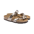 Side View of Women’s Birkenstock Mayari Birko-Flor sandal in Graceful Taupe – featuring a sleek, elegant design with a toe loop and adjustable straps, along with a supportive cork footbed.
