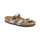 Side View of Women’s Birkenstock Mayari Birko-Flor sandal in Graceful Taupe – featuring a sleek, elegant design with a toe loop and adjustable straps, along with a supportive cork footbed.